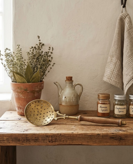 Authentic vintage Moroccan-style vintage kitchen utensils made of copper with wooden handles