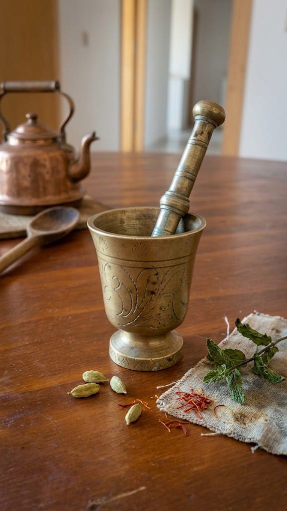 Traditional Ornate Brass Mortar and Pestle